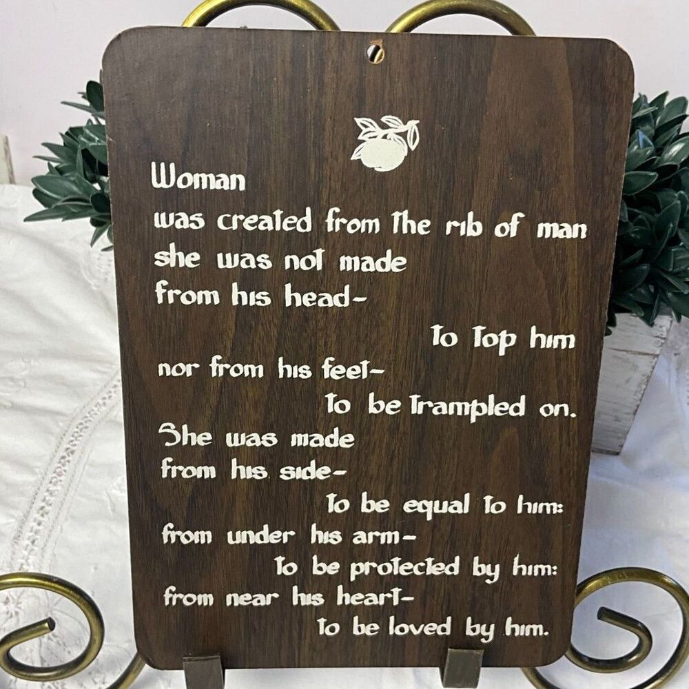 Vintage 1970s Woman Created From Rib of Man Wood Wall Plaque Christian Decor